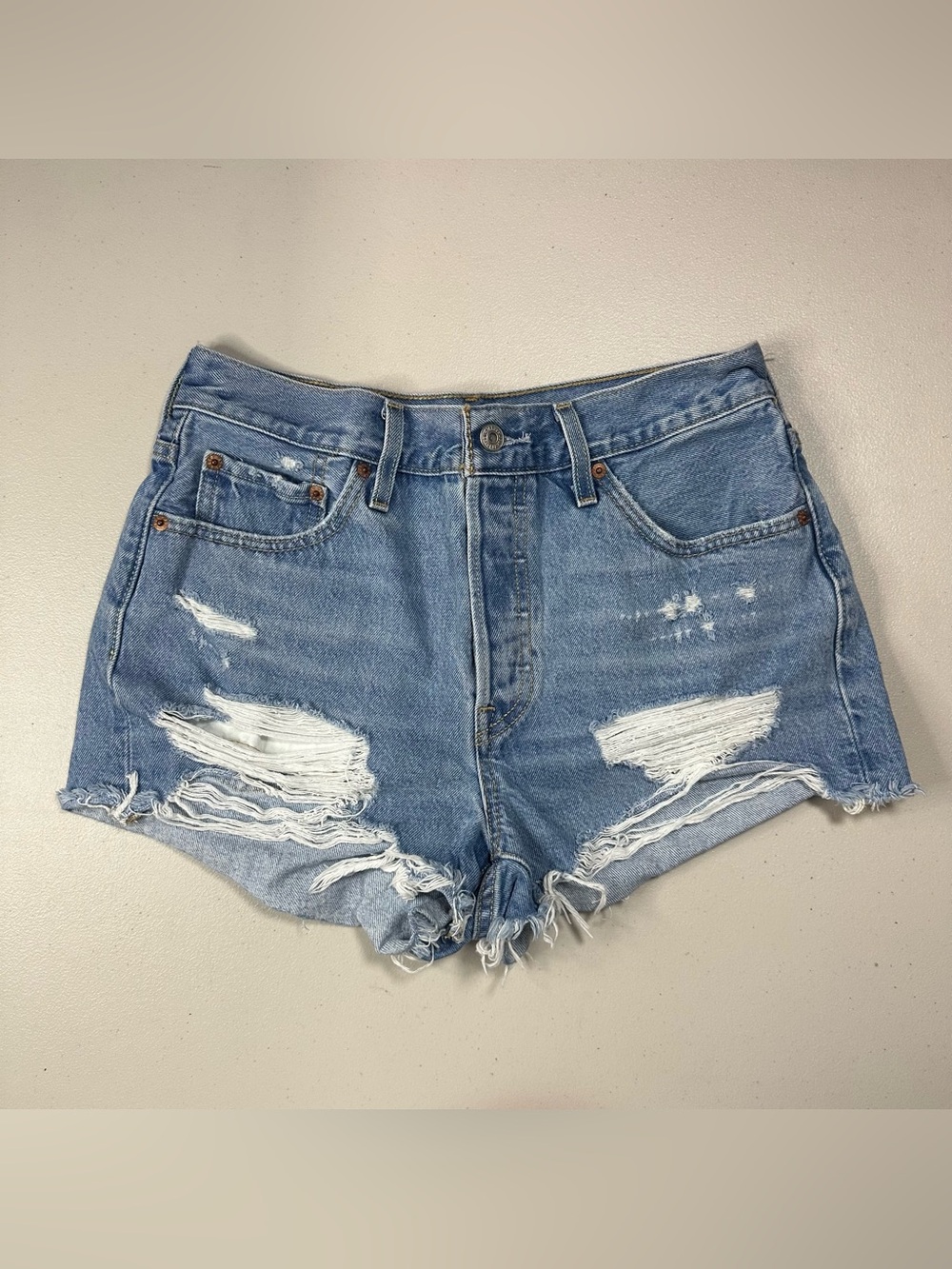 Levi's 501 Light Blue Distressed Denim Jean Shorts - Picture 2 of 9